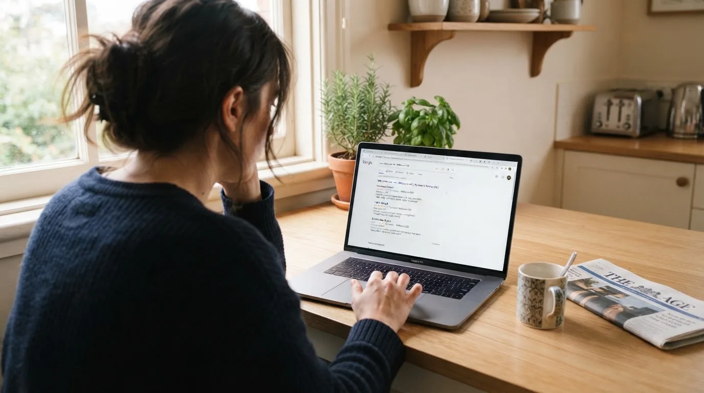 A person sits at a kitchen table, scrolling a laptop showing a general search results page about a review of a pokies site.