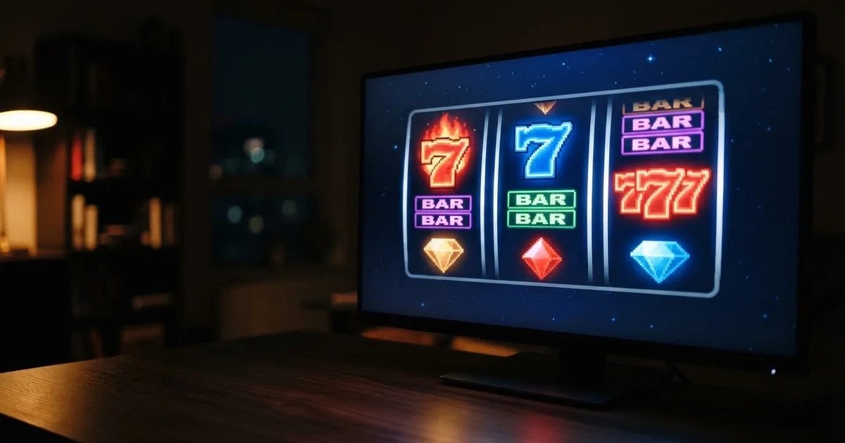 A close-up of a slot reel display shown on a monitor, no other windows open.