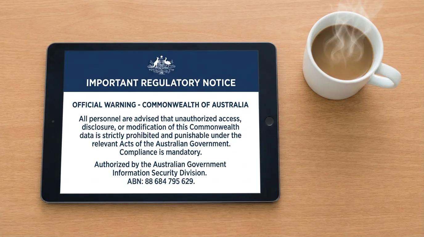 A tablet on a desk displays a plain government-style warning notice page, with a coffee cup beside it.