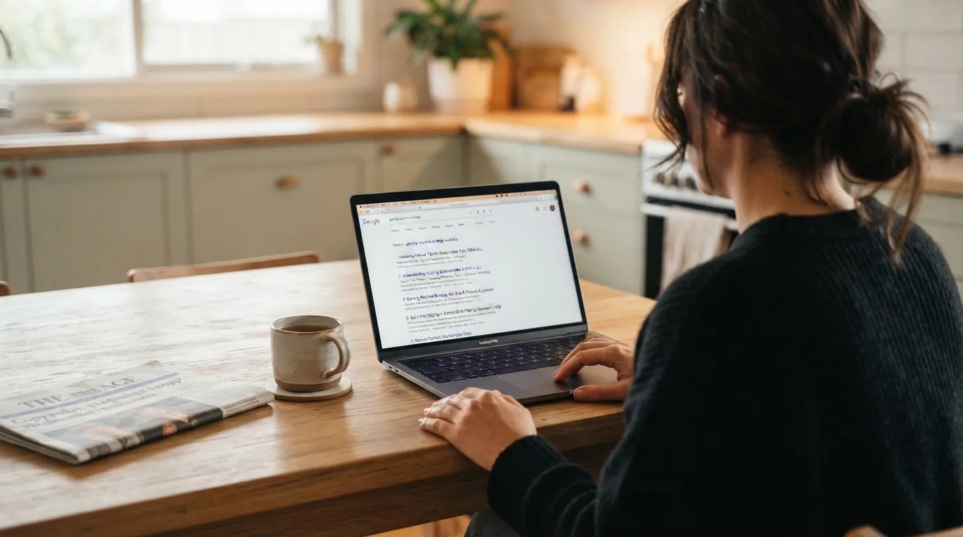 A person sits at a kitchen table, scrolling a laptop showing a general search results page about pokies strategy articles.