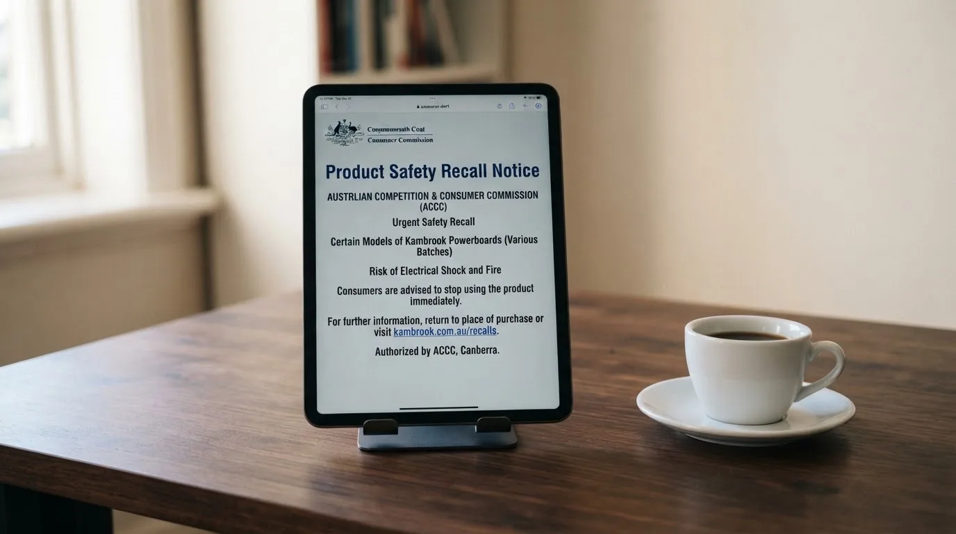 A tablet on a desk displays a plain government-style warning notice page, with a coffee cup beside it.