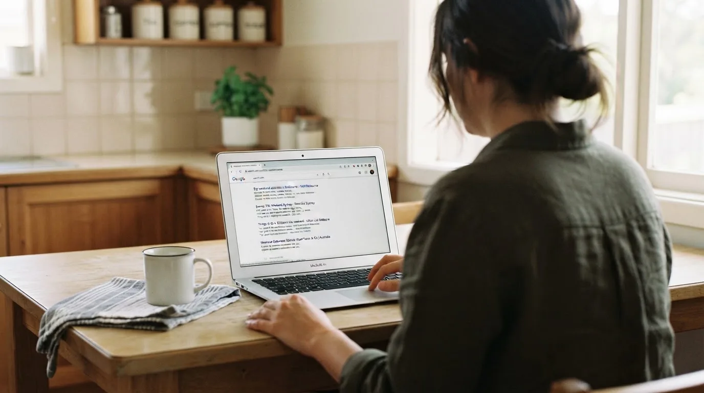 A person sits at a kitchen table, scrolling a laptop showing a general search results page about withdrawal speed claims.