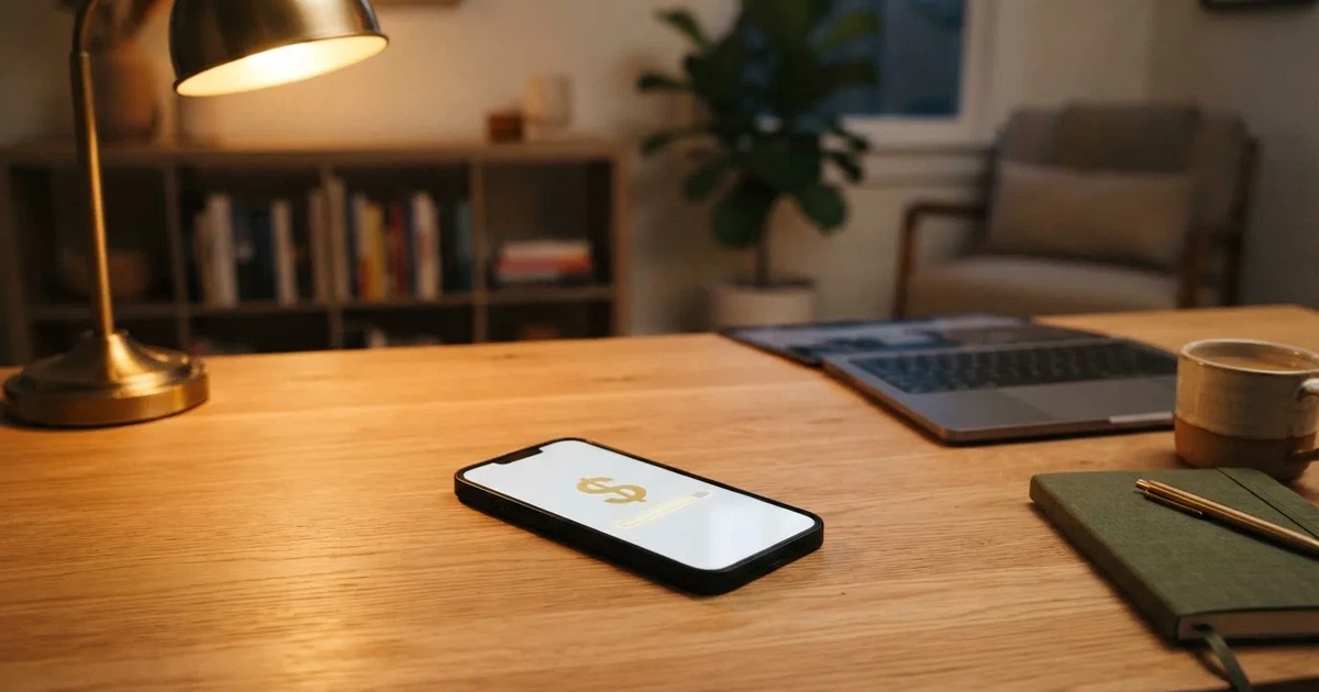 Close-up of a smartphone banking app open beside a laptop on a home desk, mid-transfer.