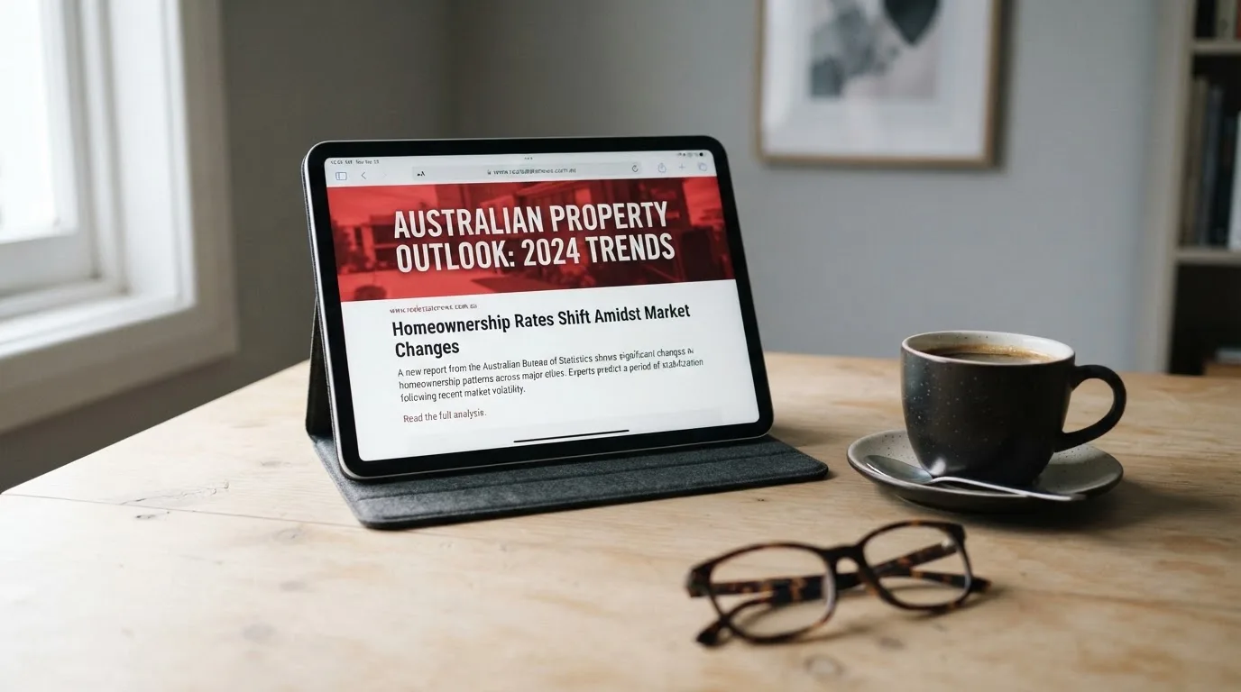A tablet on a desk displays a plain government-style warning notice page, with a coffee cup beside it.