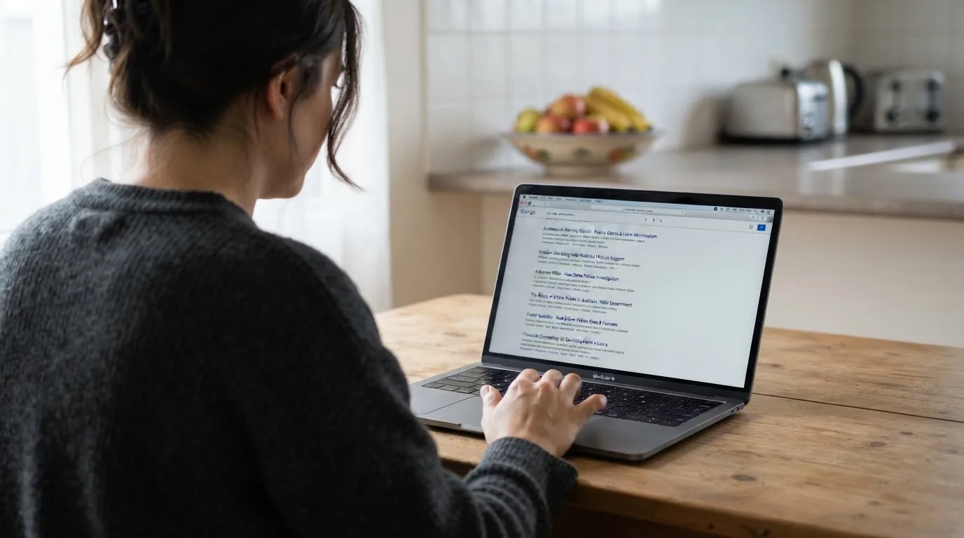 A person sits at a kitchen table, scrolling a laptop showing a general search results page about real-cash pokies claims.
