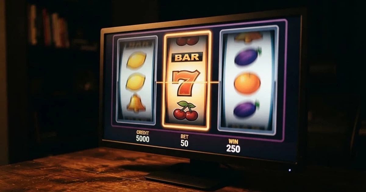 A close-up of a slot reel display shown on a monitor, no other windows open.