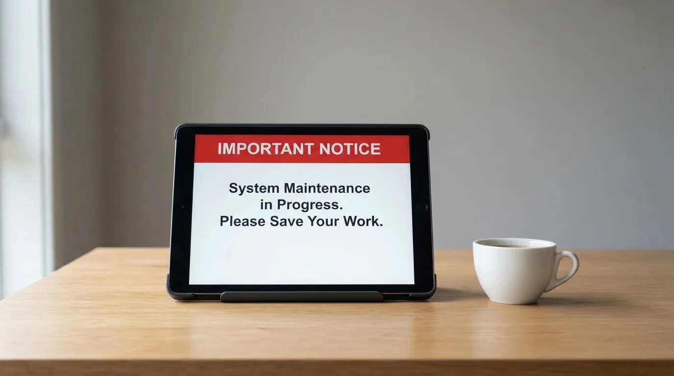 A tablet on a desk displays a plain government-style warning notice page, with a coffee cup beside it.