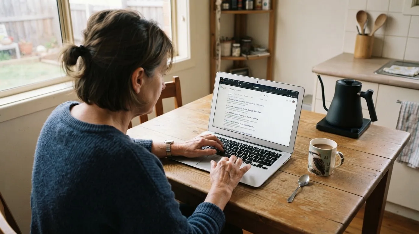 A person sits at a kitchen table, scrolling a laptop showing a general search results page about table game odds.