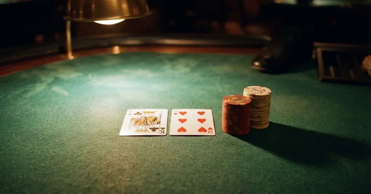 A close-up of a blackjack table felt with cards and chips laid out, no dealer or players visible.