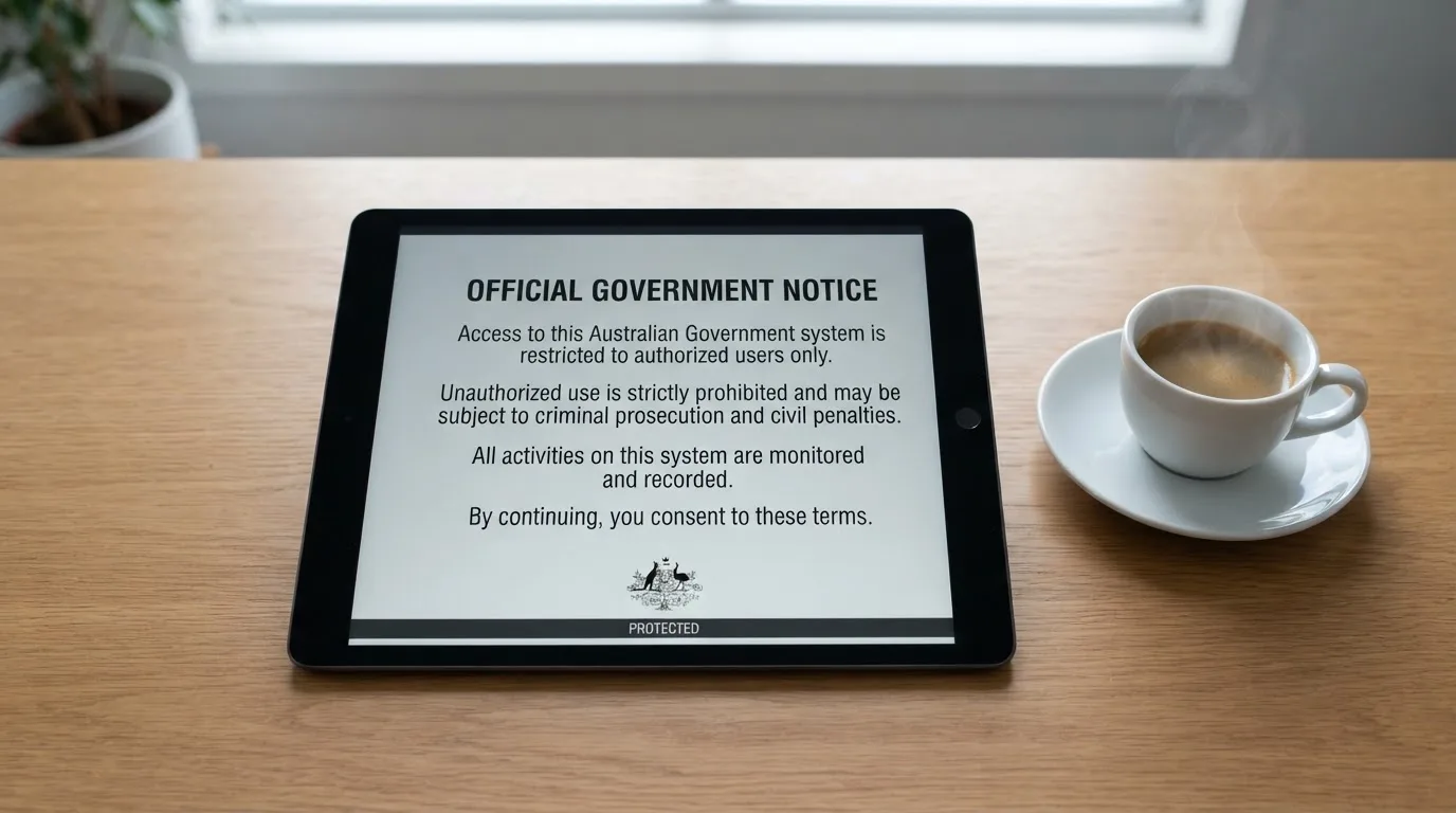 A tablet on a desk displays a plain government-style warning notice page, with a coffee cup beside it.