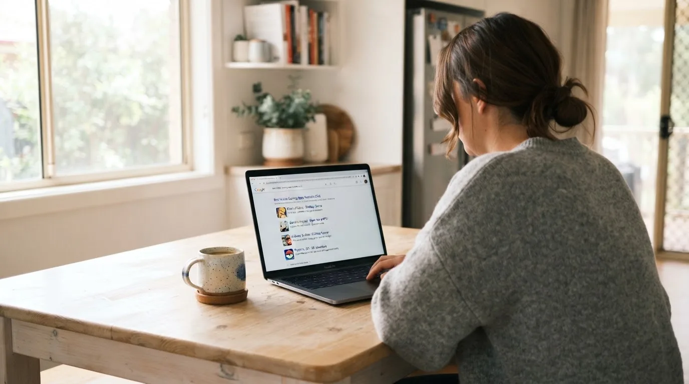 A person sits at a kitchen table, scrolling a laptop showing a general search results page about pokies apps.