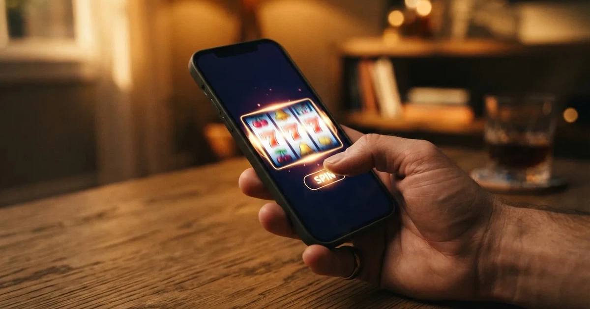 A hand holds a smartphone with an app icon grid visible on the home screen, thumb hovering over the display.
