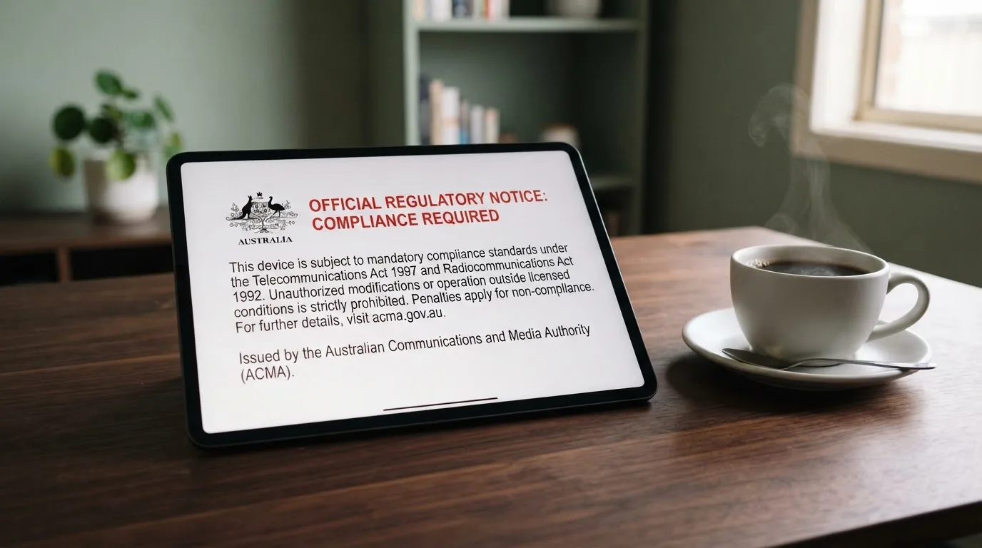 A tablet on a desk displays a plain government-style warning notice page, with a coffee cup beside it.