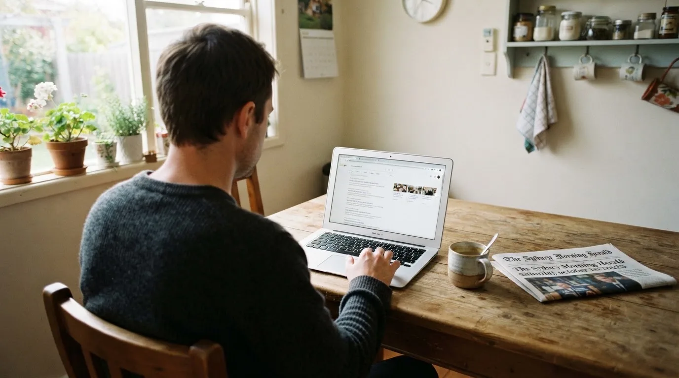A person sits at a kitchen table, scrolling a laptop showing a general search results page about pokies apps.