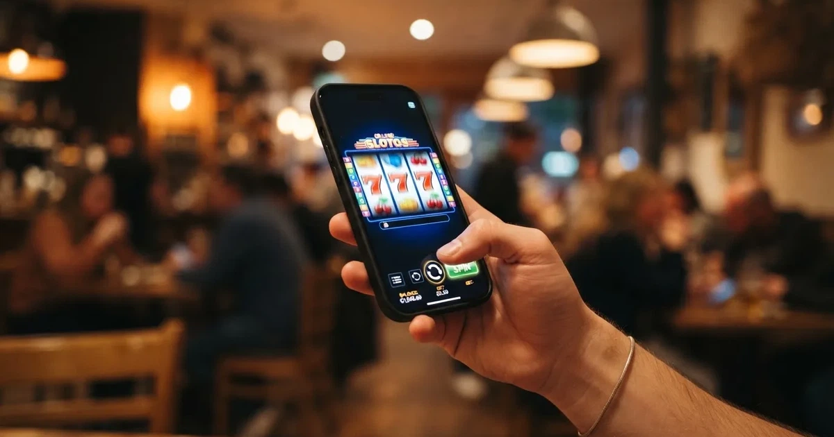 A hand holds a smartphone with an app icon grid visible on the home screen, thumb hovering over the display.