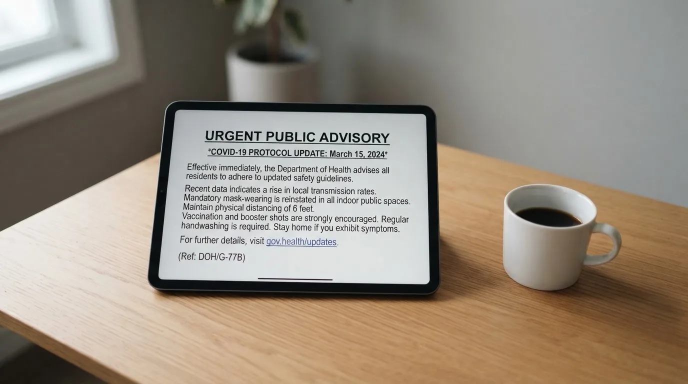 A tablet on a desk displays a plain government-style warning notice page, with a coffee cup beside it.