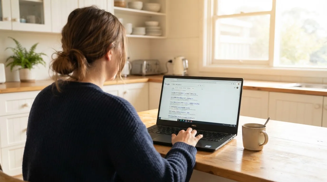 A person sits at a kitchen table, scrolling a laptop showing a general search results page about casino safety claims.