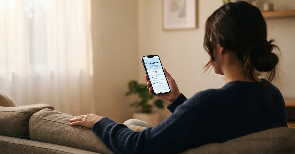 A person looks at a support-helpline page on a phone while sitting alone on a sofa.