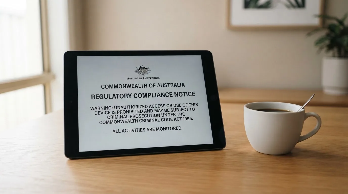 A tablet on a desk displays a plain government-style warning notice page, with a coffee cup beside it.