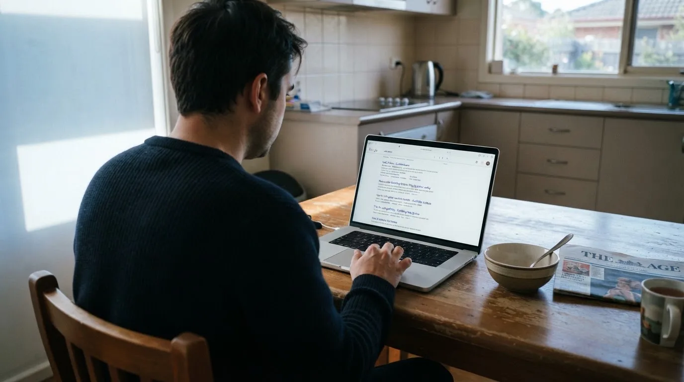 A person sits at a kitchen table, scrolling a laptop showing a general search results page about pokies safety claims.