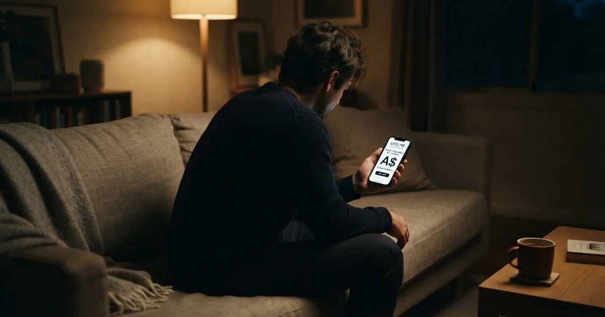 A person looks at a support-helpline page on a phone while sitting alone on a sofa.