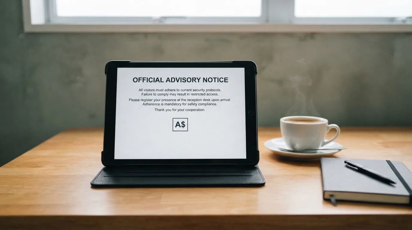 A tablet on a desk displays a plain government-style warning notice page, with a coffee cup beside it.
