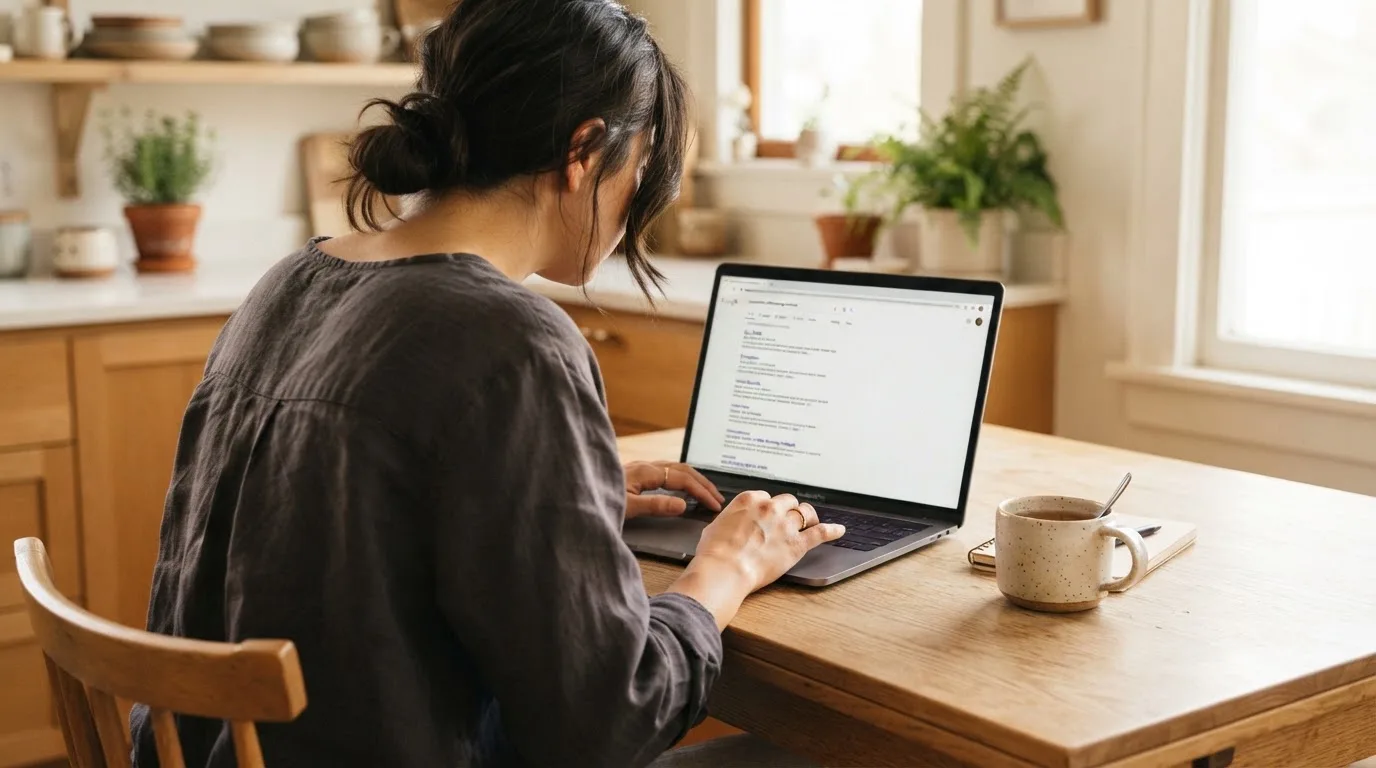 A person sits at a kitchen table, scrolling a laptop showing a general search results page about payout speed claims.