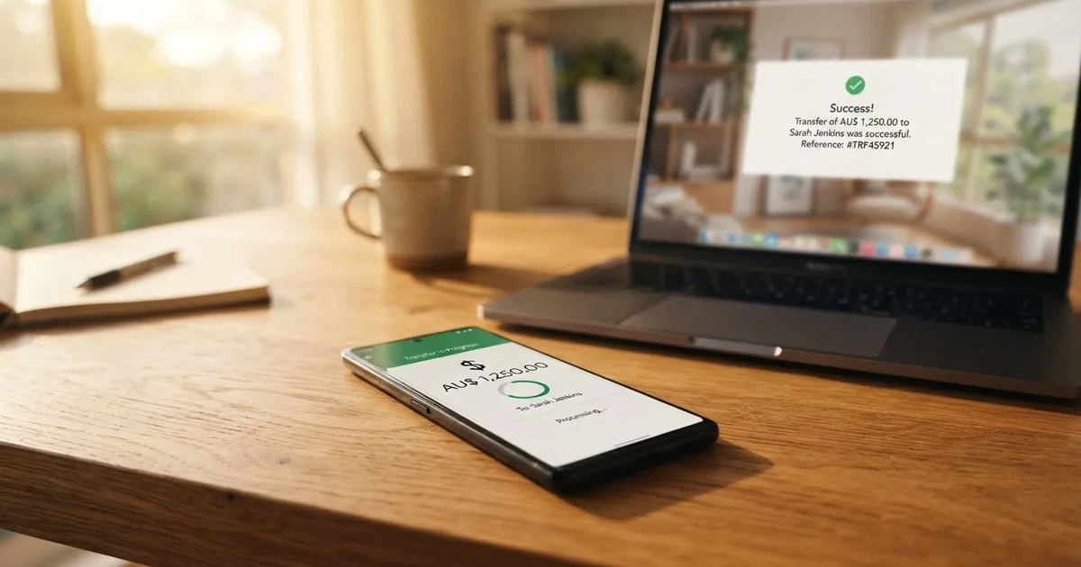 Close-up of a smartphone banking app open beside a laptop on a home desk, mid-transfer.