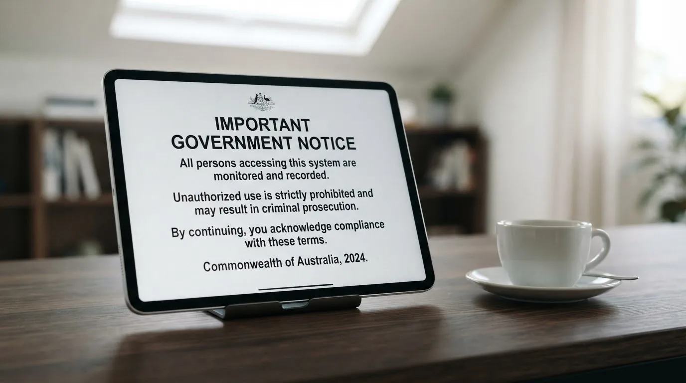 A tablet on a desk displays a plain government-style warning notice page, with a coffee cup beside it.