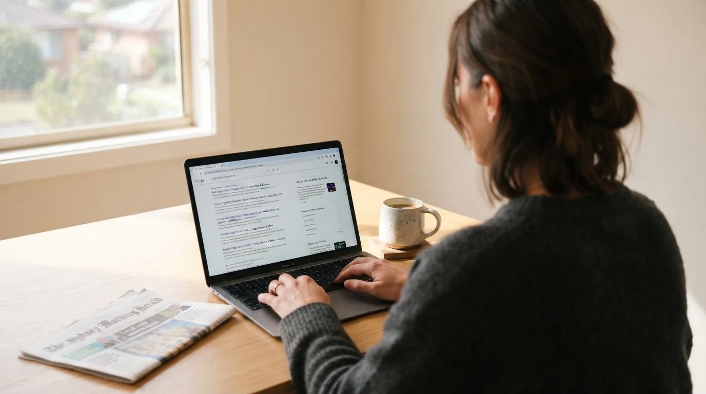 A person sits at a kitchen table, scrolling a laptop showing a general search results page about crypto casino comparisons.