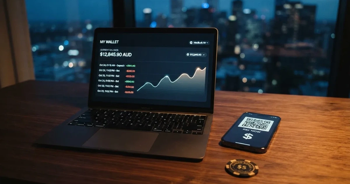 A laptop screen shows a cryptocurrency wallet balance next to a phone displaying a QR code, on a desk at night.