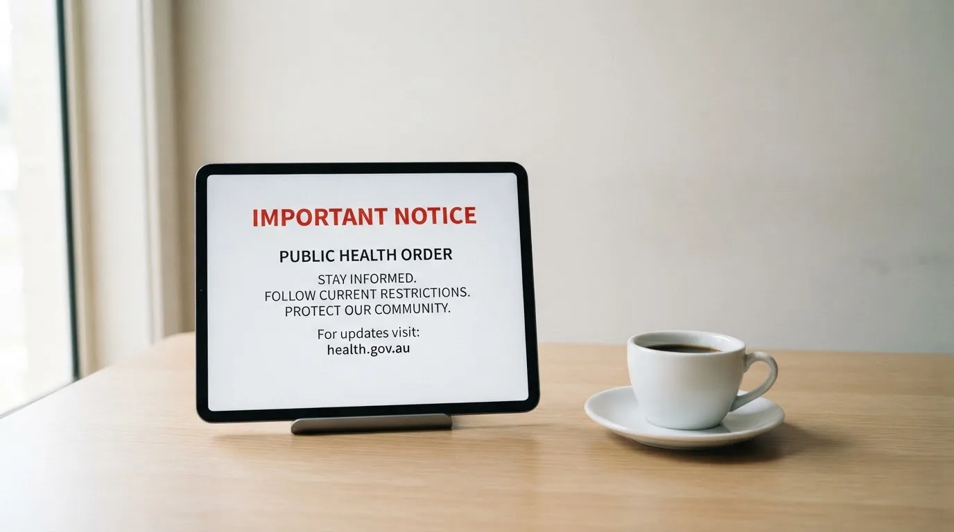 A tablet on a desk displays a plain government-style warning notice page, with a coffee cup beside it.