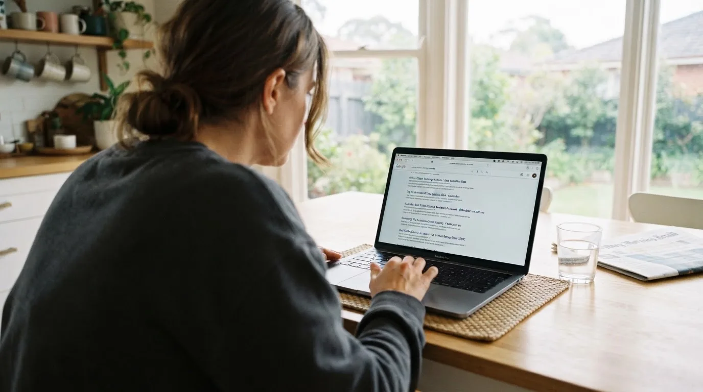 A person sits at a kitchen table, scrolling a laptop showing a general search results page about casino rankings.