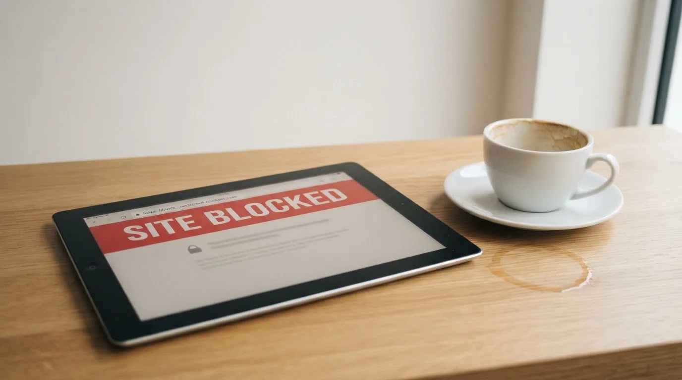 A tablet on a desk displays a plain government-style warning notice page, with a coffee cup beside it.