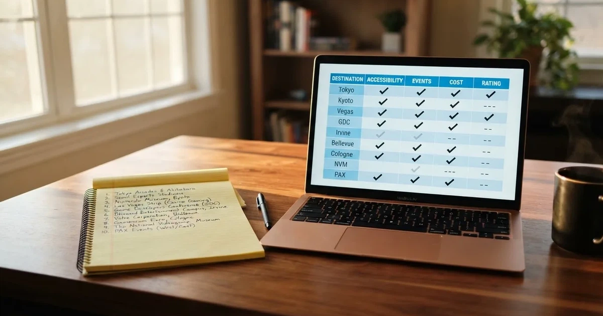 A notepad with a handwritten numbered list sits next to an open laptop showing a comparison table.