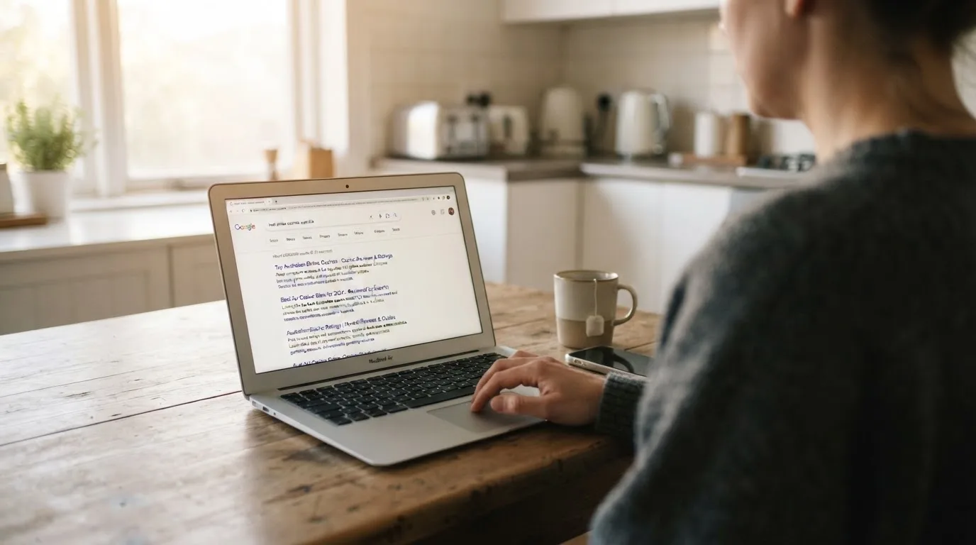A person sits at a kitchen table, scrolling a laptop showing a general search results page about casino ratings.