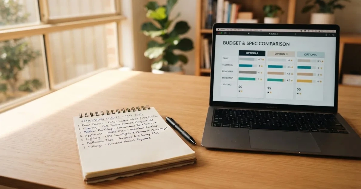 A notepad with a handwritten numbered list sits next to an open laptop showing a comparison table.