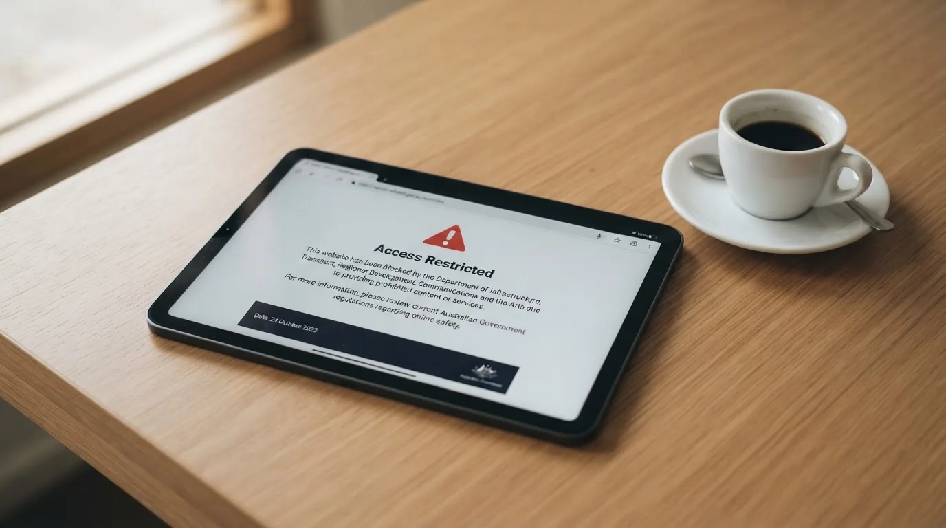 A tablet on a desk displays a plain government-style warning notice page, with a coffee cup beside it.