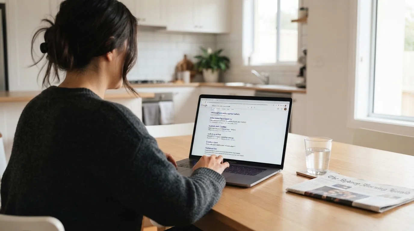 A person sits at a kitchen table, scrolling a laptop showing a general search results page about withdrawal timeframes.