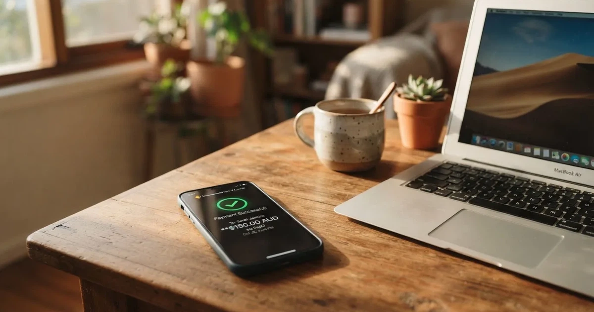 Close-up of a smartphone banking app open beside a laptop on a home desk, mid-transfer.