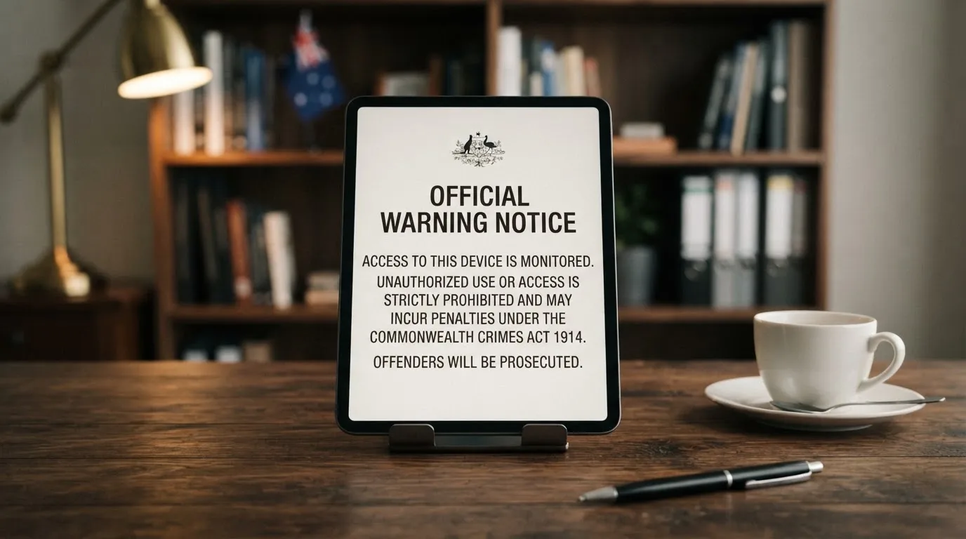 A tablet on a desk displays a plain government-style warning notice page, with a coffee cup beside it.