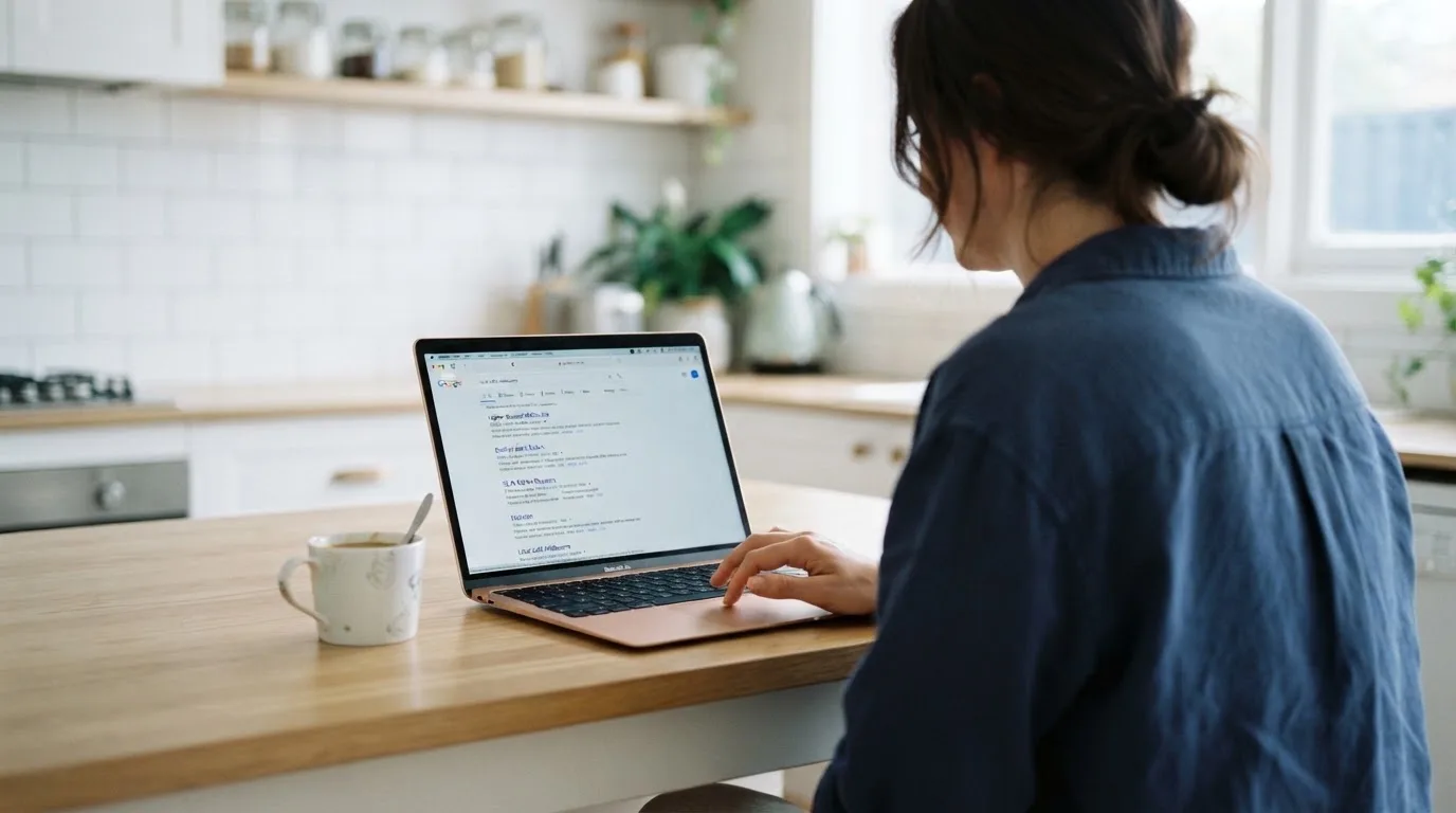 A person sits at a kitchen table, scrolling a laptop showing a general search results page about a review of a pokies site.