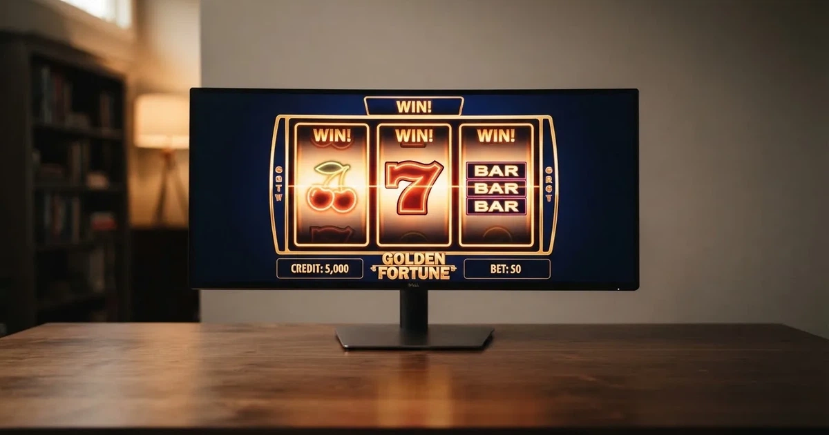 A close-up of a slot reel display shown on a monitor, no other windows open.