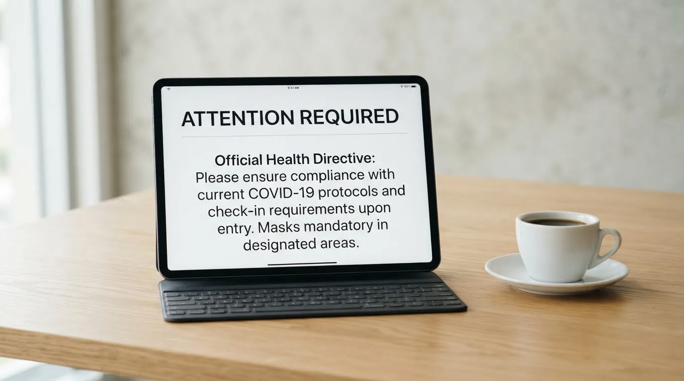 A tablet on a desk displays a plain government-style warning notice page, with a coffee cup beside it.