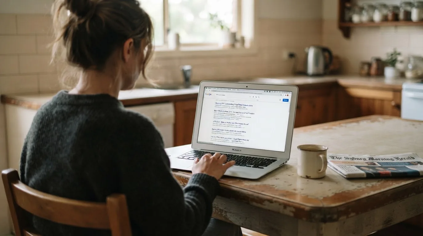 A person sits at a kitchen table, scrolling a laptop showing a general search results page about VPN access claims.