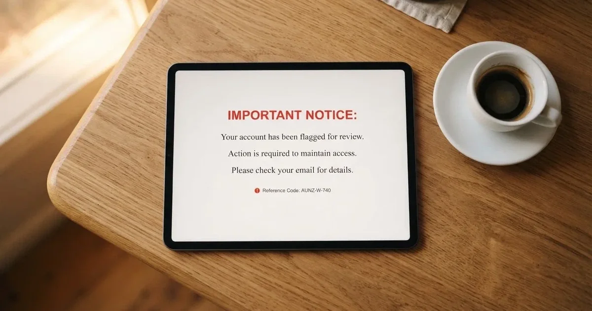 A tablet on a desk displays a plain government-style warning notice page, with a coffee cup beside it.