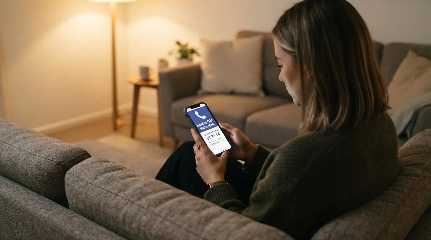 A person looks at a support-helpline page on a phone while sitting alone on a sofa.